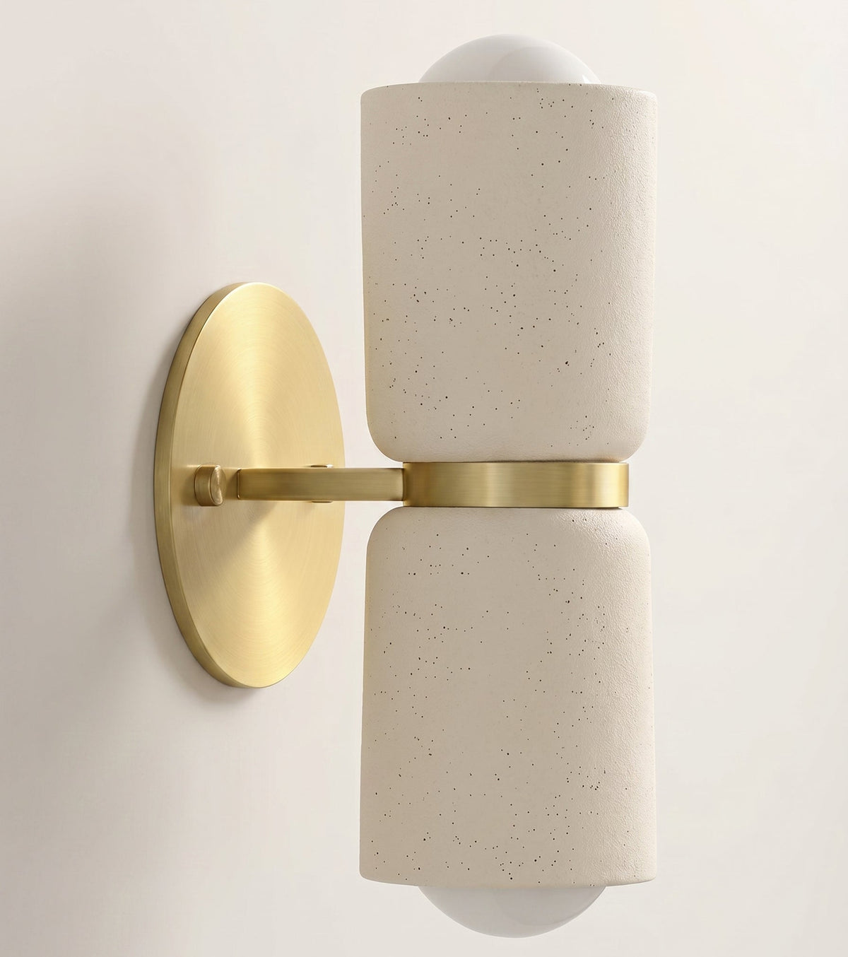 AX163 ceramic up down wall sconce, speckled cream ceramic shades and brushed brass backplate