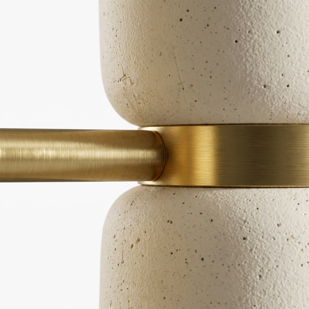 Brass wall sconce detail of the AX163, brushed brass collar between textured speckled ceramic