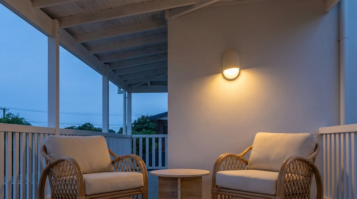 AX472 outdoor wall sconce as a porch light over wicker chairs on a covered porch at dusk