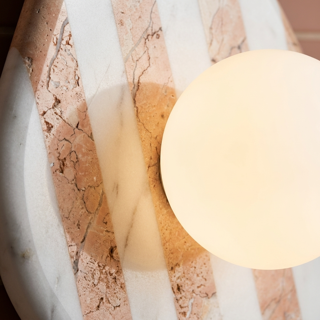 Close-up of the AX200 marble globe wall sconce, pink striped marble and glowing opal glass globe